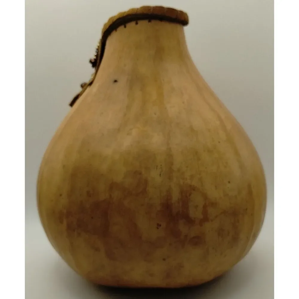 Handmade Gourd Vase Leather Wrapped Crystal Beads Fringe Folk Art Boho Artisian